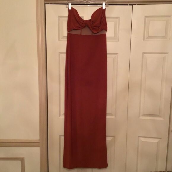 ASOS Tall Drape Twist Front Bandeau Maxi Dress With Invisible Mesh In Rust - Picture 5 of 8